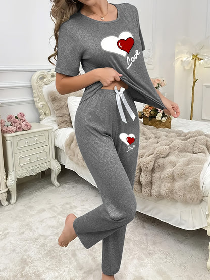 Casual Leisure Suit, Women's Double Love Print Short Sleeve Round Neck T-shirt and Pants Pajama Two-Piece Set Casual Comfortable Soft Home Clothes