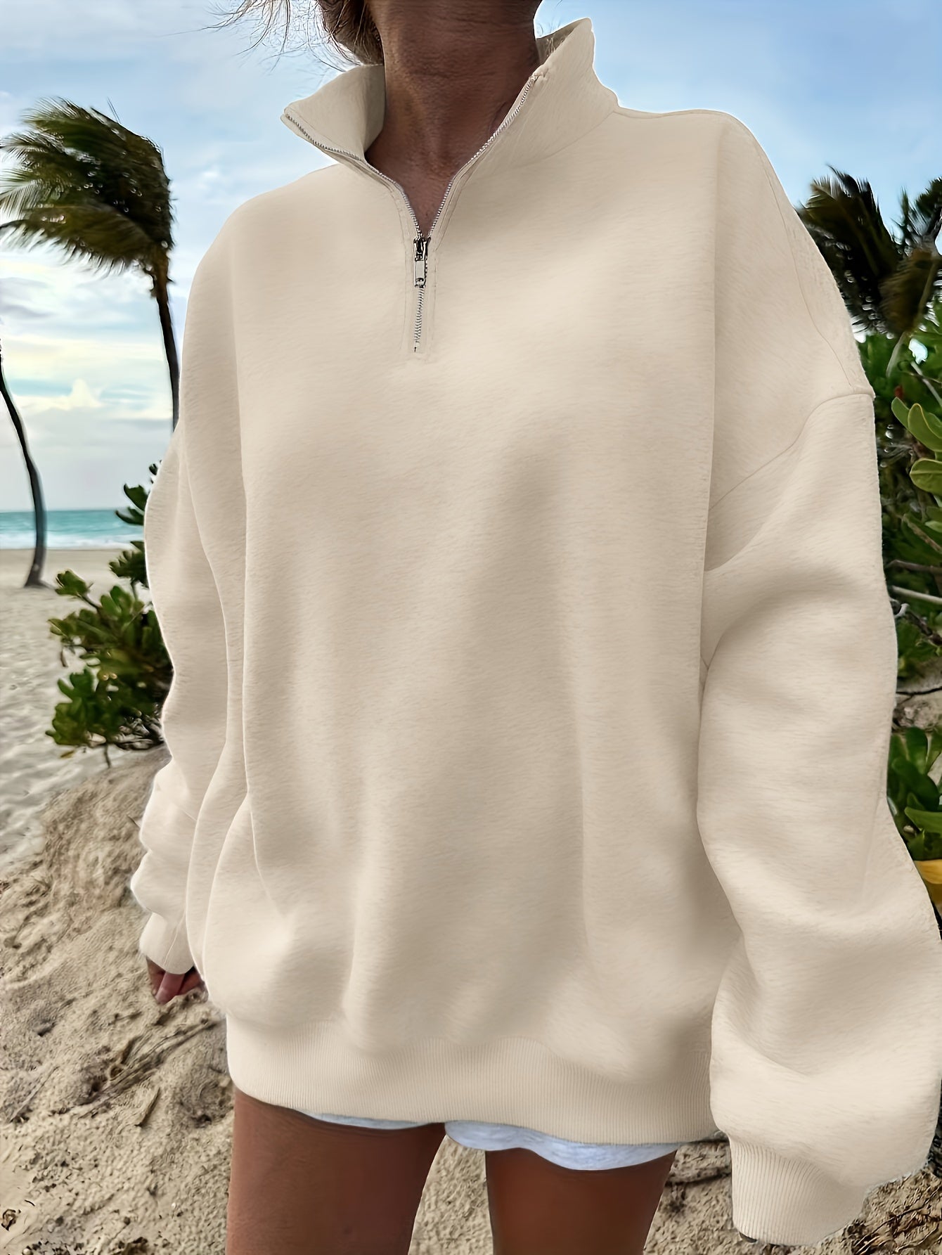 Women's Casual Heather Gray Half-Zip Sweatshirt - Soft Polyester & Elastane Blend, Long Sleeve, Stand Collar, Machine Washable - Perfect for Spring/Fall - ayq