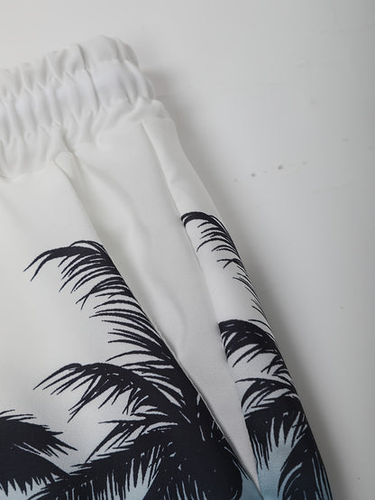 Men'S Casual Gradient Coconut Tree Short Sleeve Shirt + Shorts 2pcs Set - Tropical Palm Print, Button-Up Collared Design, Lightweight Polyester Blend for Spring/Summer Outings, Summer Outfit | Tropical Print | Lightweight Fab