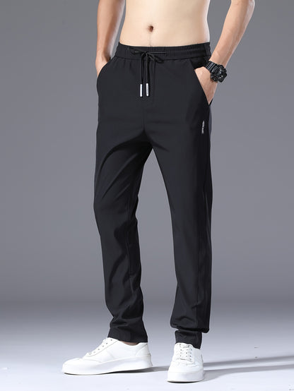 Men's Slim Fit Casual Drawstring Sports Pants, Summer Lightweight Trendy Elastic Quick-Dry Long Trousers, Stylish Comfortable Leisure Wear