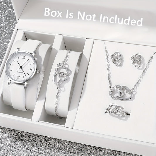 Women'S 6pcs Quartz Watch Set, Simple Round Dial, PU Leather Strap, Heart-Shaped Pendant Necklace, Bracelet, Earrings, Ring, Alloy Case, Quartz Movement, Non-Wireless, Non-Chargable Battery, Ideal Gift for Women - Ayq