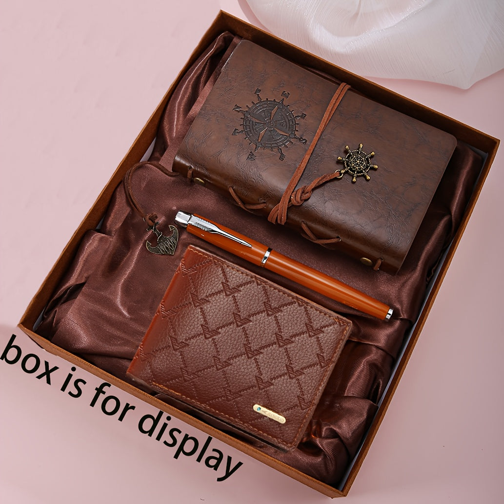 3pcs Wallet Set | Notebook + Bi-fold Wallet + Signature Pen | Casual Faux Leather, Light Brown Stripes | Ideal for Daily Use, Gifts for Men/Fathers on Valentine's, Christmas, Spring Festival
