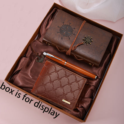 3pcs Wallet Set | Notebook + Bi-fold Wallet + Signature Pen | Casual Faux Leather, Light Brown Stripes | Ideal for Daily Use, Gifts for Men/Fathers on Valentine's, Christmas, Spring Festival