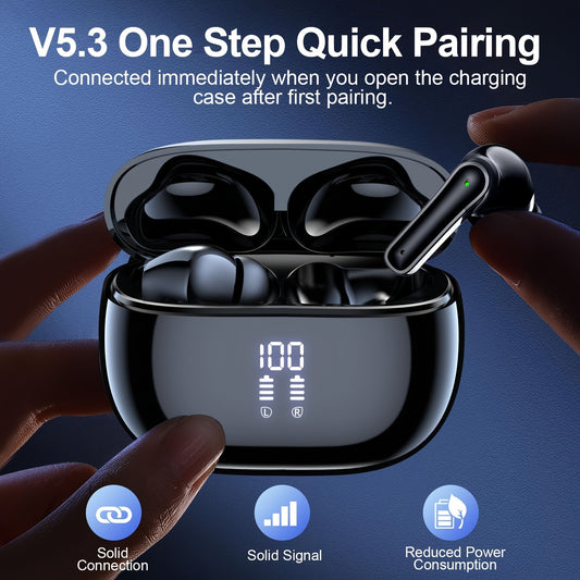 Wireless Earbuds with Touch Control, Built-in Noise Reduction Mic, Type-C Charging Case, 15Hr Playtime, 2Hr Quick Charge, USB Charging, 380mAh Battery, with LED Power Display, for Sports, Adult, Compatible with Cellphones