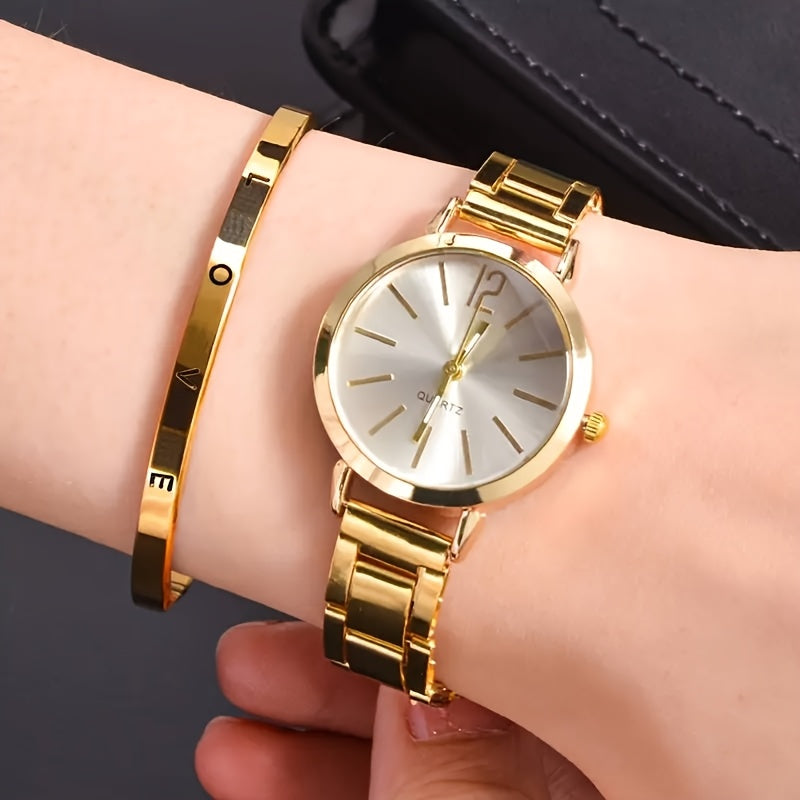 1 Piece Of Ladies' Stylish Round Pointer Quartz Watch And 1 Piece Of Jewelry