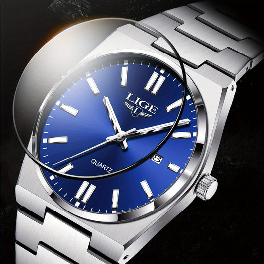 LIGE Stainless Steel Sports Watch for Men and Women - Dual Display Digital & Quartz Movement, Blue Dial, Rotating Bezel, Date Display, Metal Bracelet, Gift Box Included, Watch Accessories, LIGE
