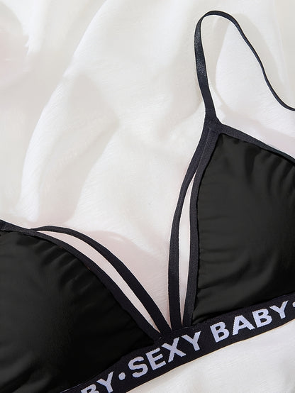 Women's Sexy Backless Lingerie Set, High-Waisted Panties with Alphabet Print, Deep V Strappy Bra, Knit Fabric Underwear for Adults - Ayq