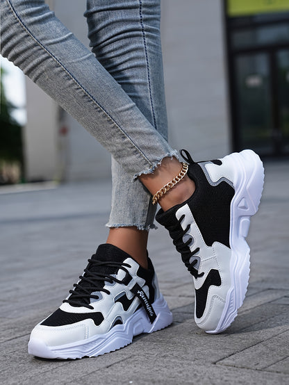 Women's Casual Color Blocking Design Non-slip And Wear Resistant Sneakers, Trendy And Comfortable, Versatile Height Increasing Thick Soled Sports Shoes