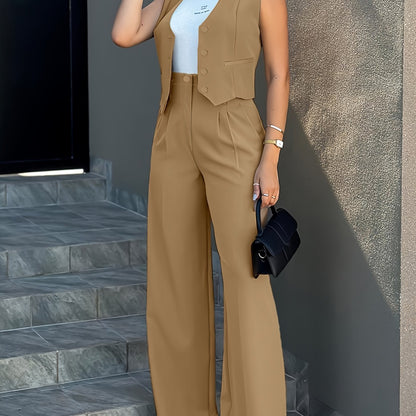 Միագույն ոճային տաբատներ, կոճակներով առջևի կեղծ գրպաններով անթև բաճկոն և բարձր իրանով ծալքավոր տաբատներ, կանացի հագուստ