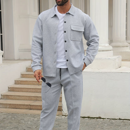 Տղամարդու առօրյա սպորտային հագուստի հավաքածու - Երկար թևքերով, կոճակներով վերնաշապիկ և ջոգեր, ձգվող գործվածքից, գարուն/աշուն հավաքածու