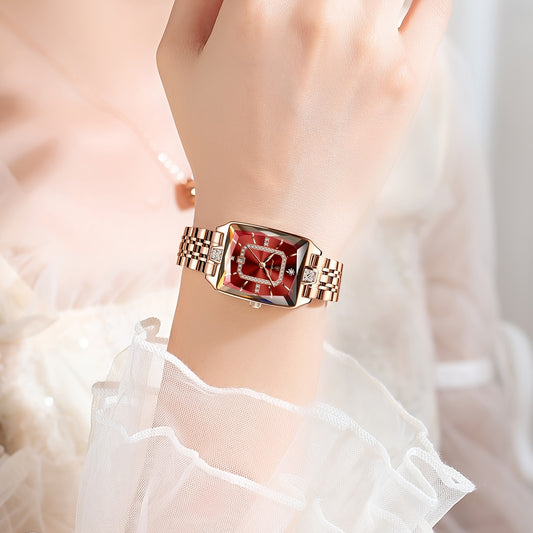 POEDAGAR Glamorous Women's Quartz Watch, Rose Golden Stainless Steel Band, 3ATM Water Resistant, Oblong Alloy Case, Battery Powered with Non-Rechargeable Button Battery