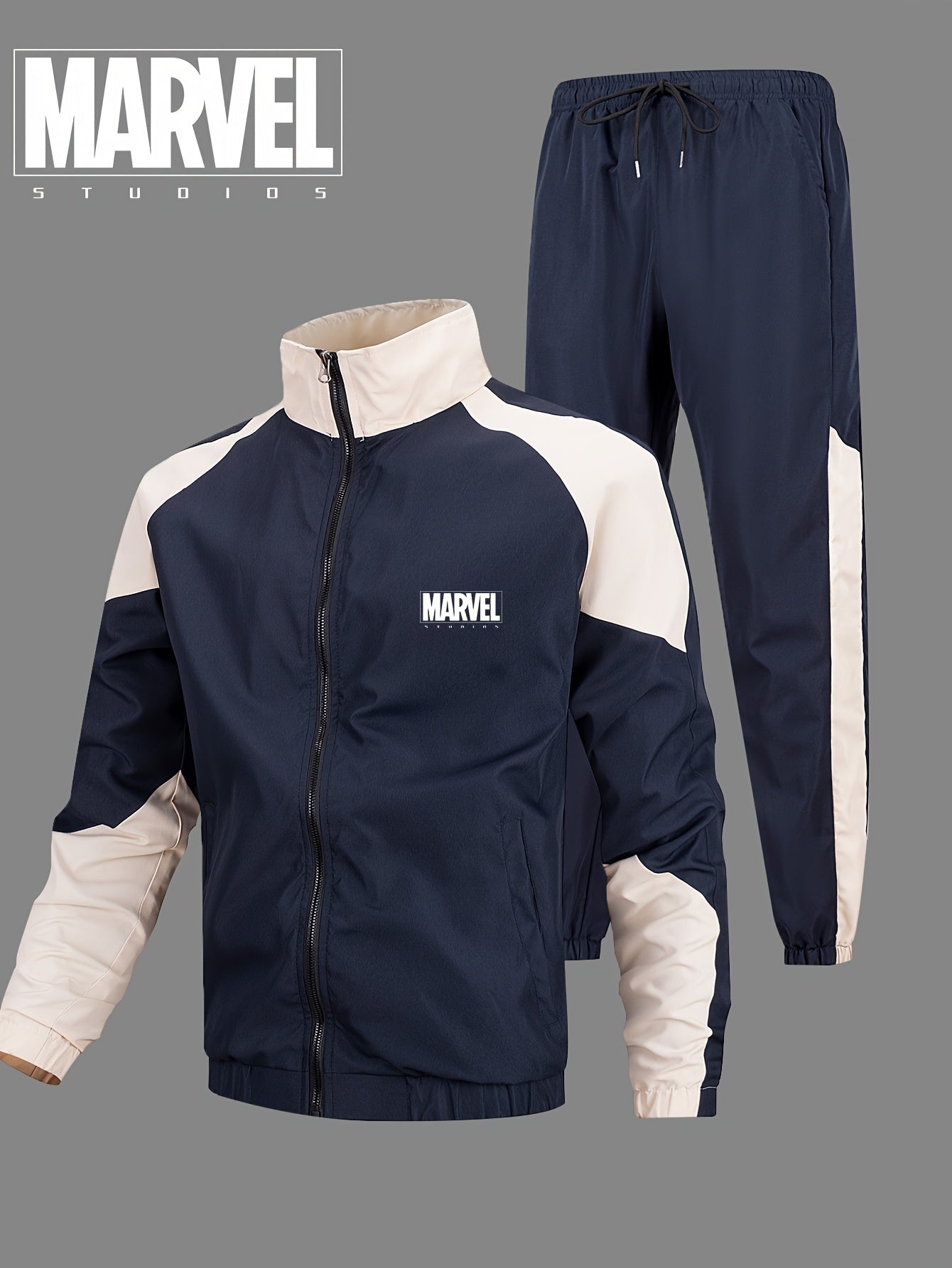 Marvel տղամարդկանց բացօթյա սպորտային հավաքածու, ամբողջական հավաքածու երկարաթեւ բաճկոնով և առաձգական գոտիով տաբատով, Marvel տառերով տպագրություն, հիմնական մարզական հագուստ, շնչող գործվածք, հարմար է սպորտի, ֆիթնեսի, ամենօրյա հագուստի համար:
