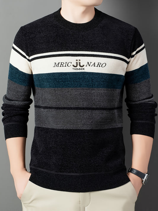 New Winter Striped Men'S Round Neck Sweater, Fleece-Lined for Comfort, Stylish And Casual Warm Pullover with Letter Pattern, Thick Knitted Top for Men in Winter