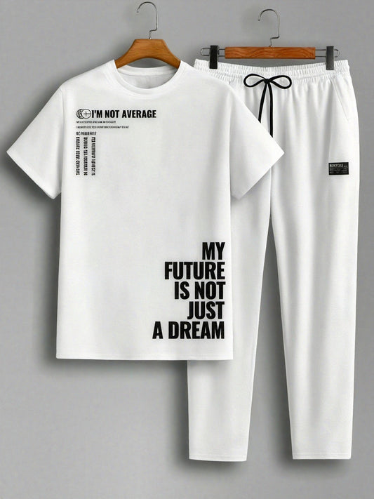 Men's 2pcs Summer MY FUTURE IS NOT JUST A DREAM Casual T-Shirt and Pants Set - Suitable for Casual Sports Outing - Starry OB