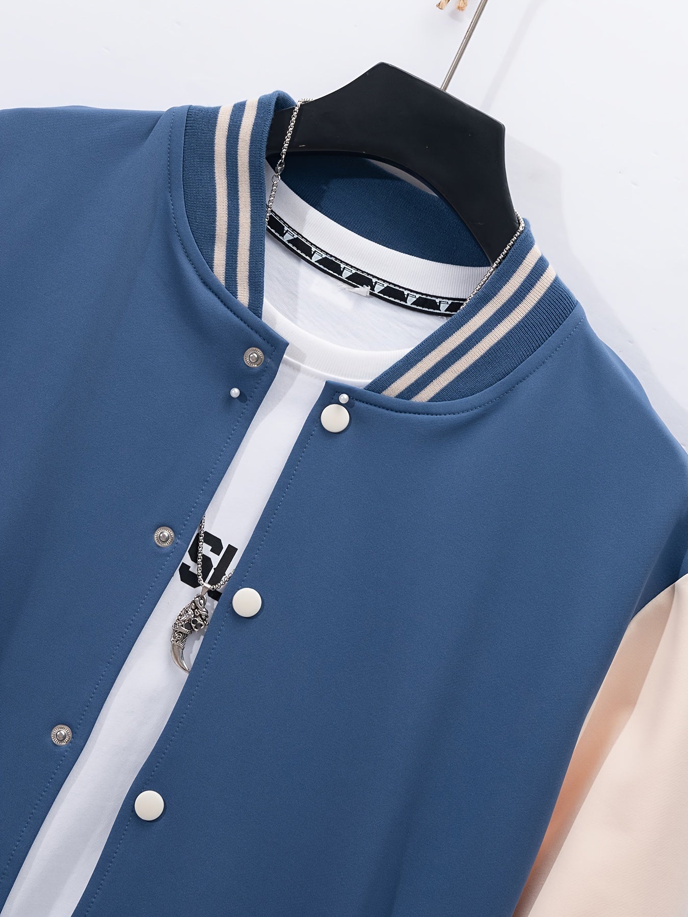 Տղամարդու ամենօրյա բեյսբոլի օձիքով բաճկոնի և տաբատի հավաքածու, գունային բլոկներով երկար թևքերով սվիտեր և սպորտային տաբատ, պոլիեսթերից հյուսված կոստյում կոճակներով, գարուն/աշուն հավաքածու