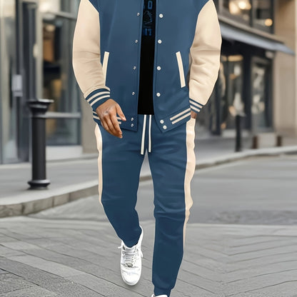 Տղամարդու ամենօրյա բեյսբոլի բաճկոնի և տաբատի հավաքածու - գունային բլոկ, պոլիեսթեր, կոճակներով և գոտու դետալներով՝ գարնանային/աշնանային համար