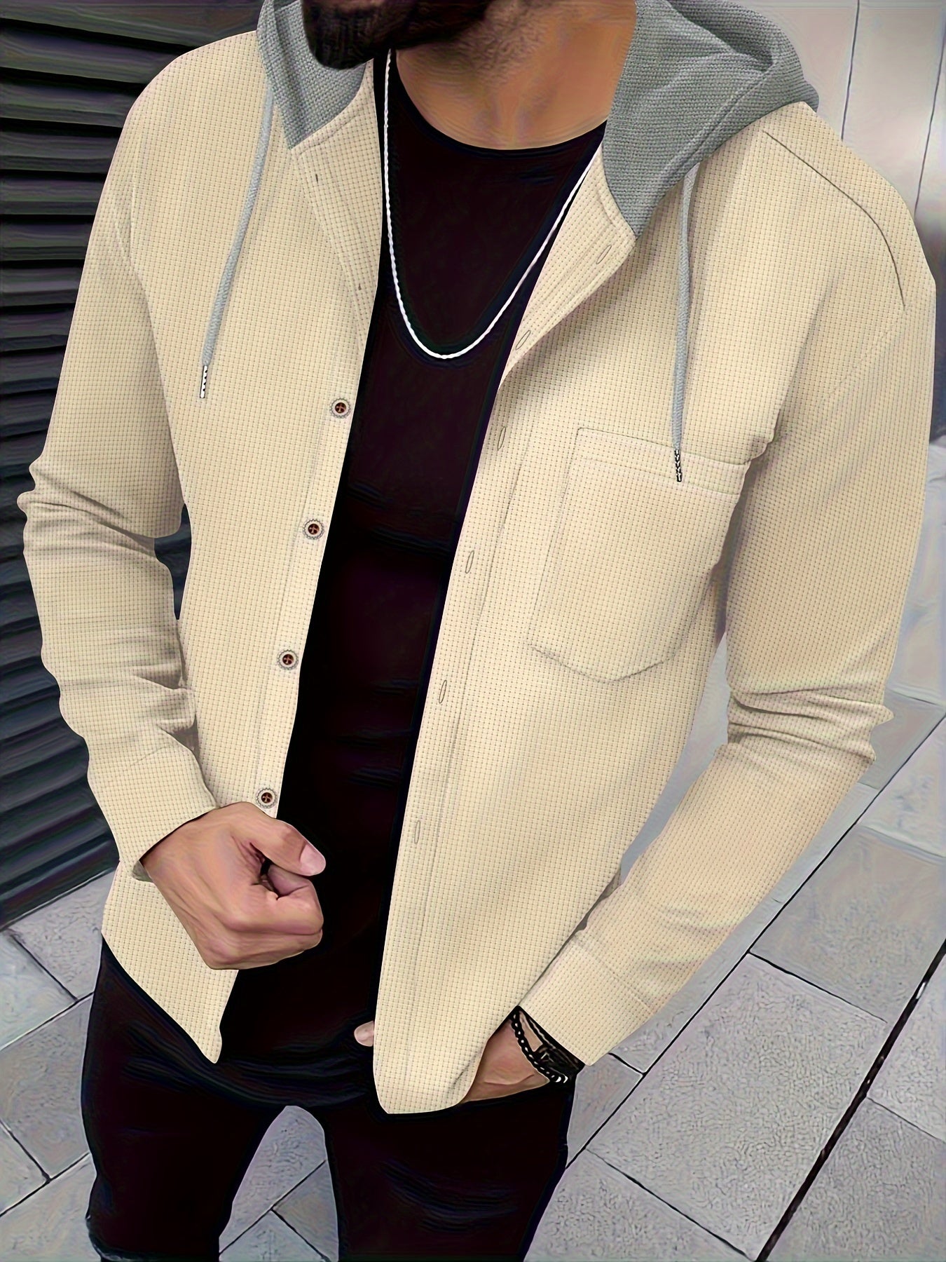 Տղամարդու առօրյա գլխարկով բաճկոն - փափուկ, շնչող պոլիեսթերից՝ կոճակներով դիզայնով և գրպաններով | Հիանալի է գարնանային, աշնանային և բացօթյա գործունեության համար, երկար թևքերով, նորաձև, ամենօրյա, հանգստի ոճով, ավանդական տարբերակով