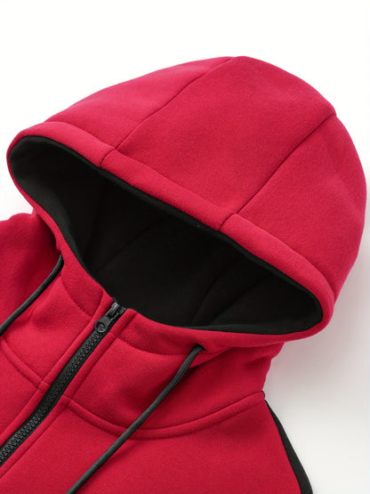 Տղամարդու առօրյա վերնաշապիկի հավաքածու՝ աշնանային և ձմեռային համար, որը ներառում է գլխարկով սվիտեր և սպորտային կարդիգան՝ պատչվորք դիզայնով։