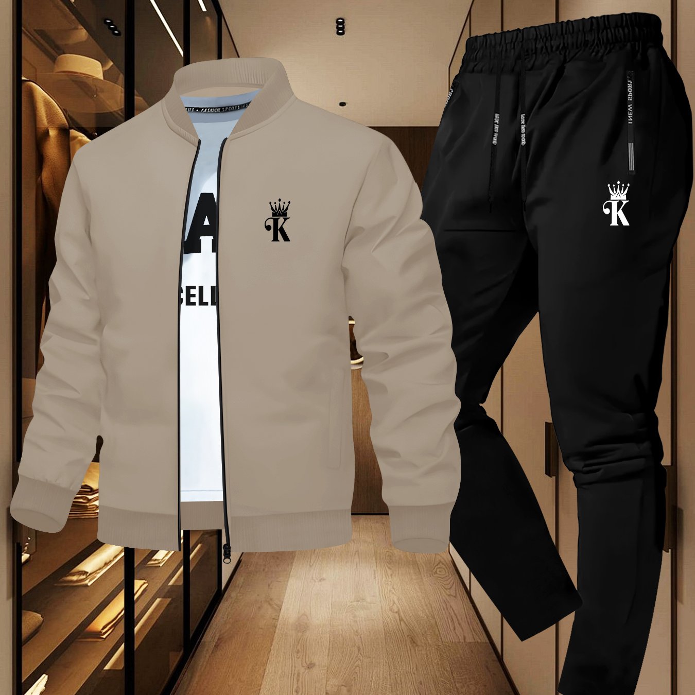 Տղամարդու նորաձև երկկտոր բաճկոնի և սպորտային տաբատի հավաքածու՝ մուգ կապույտ գույնի, ոճային նախշերով, առօրյա երիտասարդական սպորտային հագուստ, կայծակաճարմանդ դետալով, երկար թևքերով, նեղ չափսերով, աշուն/ձմեռ հավաքածու