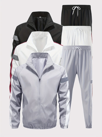 Men'S Casual Sportswear Set - 2pcs Autumn Fashionable Lightweight Fleece Jacket & Pants, Black & White with Red & Gray Accents, Perfect for Outdoor Activities & Casual Wear, Outdoor Casual Wear | Stylish Sportswear | Comforta