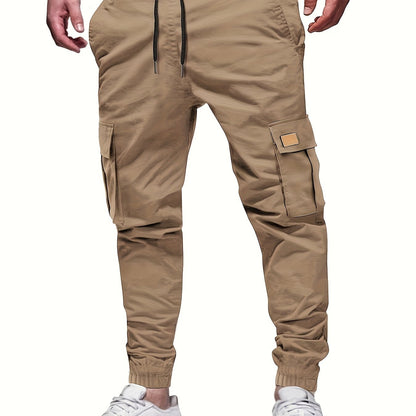 Men'S Fashion Cargo Pants, 100% Polyester Woven Fabric, All-Season Loose Fit with Drawstring Waist, Multi-Pocket Design, Solid Color, Mid Waist, Regular Length, Non-Stretch, Casual Joggers for Weekend - 160g/m²