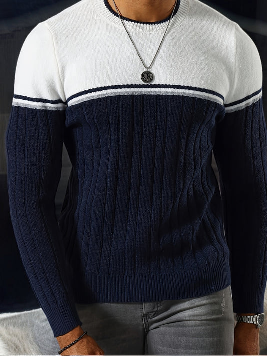 Autumn And Winter Men'S Color-Block Striped Round-Neck Sweater