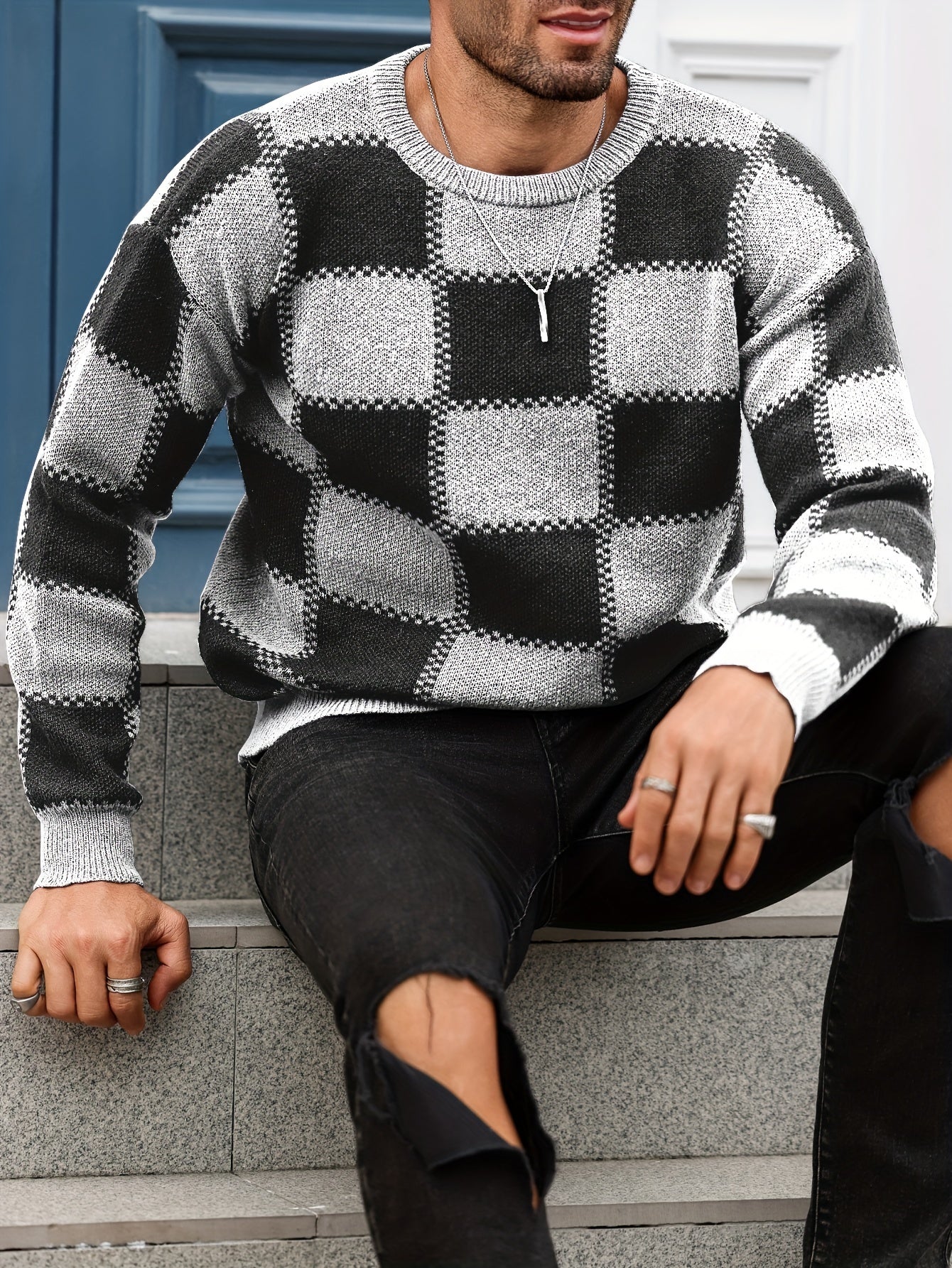 Տղամարդկանց գունաբլոկինգ տեքստուրային պրինտ, պատահական թրենդային սվիտեր, երկարաթև պուլովեր՝ որպես նվեր աշնան և ձմռան համար