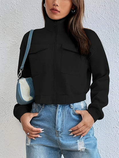 Zip Front Flap Pockets Jacket, Casual Turtleneck Crop Jacket For Fall, Women's Clothing - ayq