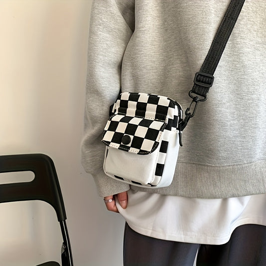Checkered Crossbody Bag, Pocket Front Square Purse, Mini Shoulder Bag for Phone Key - Ayq