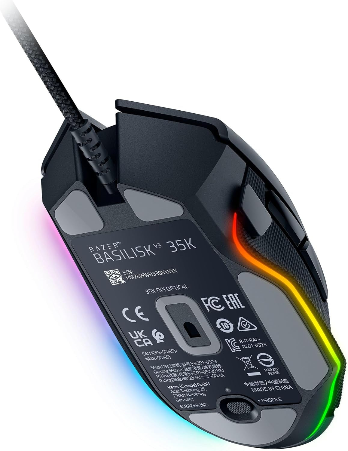 Razer Basilisk V3 35K Wired Ergonomic Gaming Mouse : Hyperscroll Tilt Wheel - 35K DPI Optical Sensor Gen 2-13 Customizable Controls - Chroma RGB - Optical Switches Gen 3 - Speedflex Cable