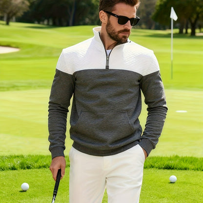 Տղամարդու աշնանային և ձմեռային կիսաճտքավոր սպորտային սվիտեր՝ հարմար մարզումների, վազքի և ֆիթնեսի համար, ոճային և հարմարավետ դիզայնով, փոքր վանդակավոր կանգնած օձիքով և հասանելի է մեծ չափսերով։