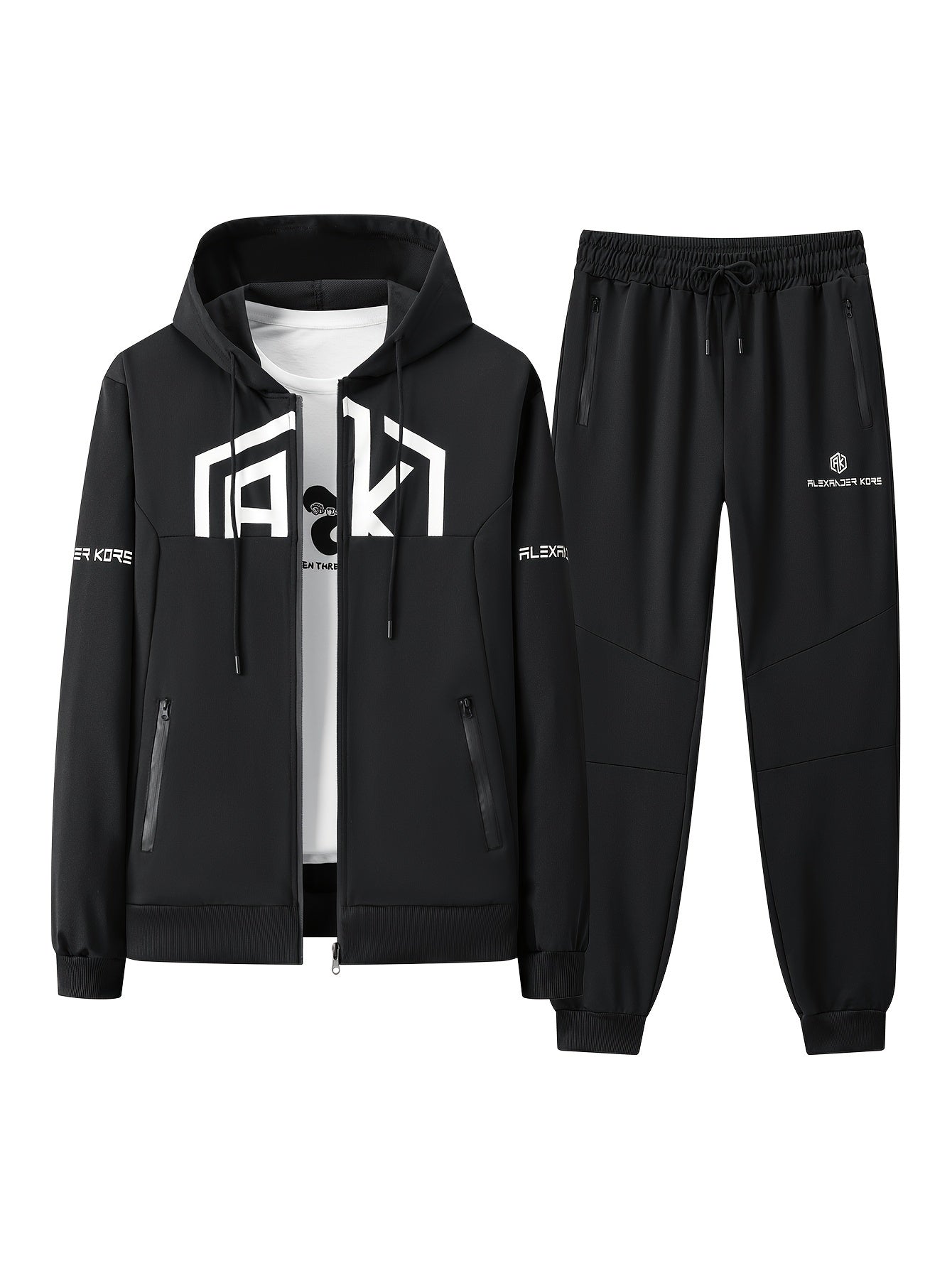 Տղամարդու AK տառերով տպագրությամբ երկար թևքերով վերնաշապիկ՝ կայծակաճարմանդով և երկար տաբատով, երկկտոր հավաքածու, թեթևակի ձգվող հարմարավետ հագուստ գարնան և աշնան համար