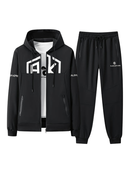 Տղամարդու AK տառերով տպագրությամբ երկար թևքերով վերնաշապիկ՝ կայծակաճարմանդով և երկար տաբատով, երկկտոր հավաքածու, թեթևակի ձգվող հարմարավետ հագուստ գարնան և աշնան համար