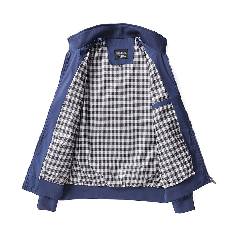 Տղամարդու առօրյա արքայական կապույտ բոմբեր բաճկոն՝ լիքը կայծակաճարմանդով, ազատ չափսերով, պոլիեսթերային, կանգնած օձիքով, երկար թևքերով, թեթև և դիմացկուն՝ գարնան և աշնան համար, առօրյա վերնազգեստ | երիզավոր թևքեր | դիմացկուն վերնազգեստ