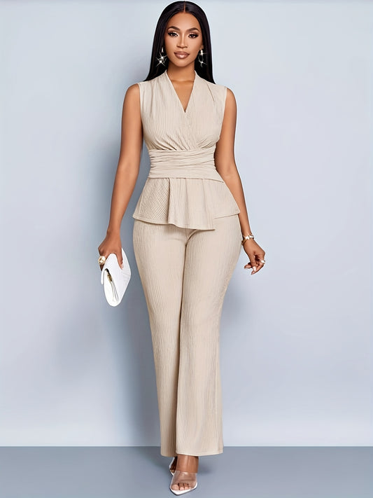 Շքեղ V-աձև օձիքով մարզաշապիկ և լայն տաբատ՝ երկկտոր հավաքածու՝ ասիմետրիկ եզրով, կանացի գարնանային և ամառային անթև, կարճ թևքերով առօրյա հագուստ