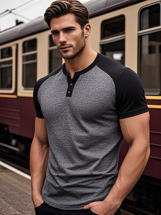 Տղամարդու ամառային դասական Ռագլան Հենրի օձիքով ամենօրյա շապիկ - շնչող միագույն կարճ թևքով շապիկ, սովորական չափսի ամենօրյա հագուստի համար, ամենօրյա շապիկներ, երկգույն դիզայն, հարմարավետ չափսի շապիկ