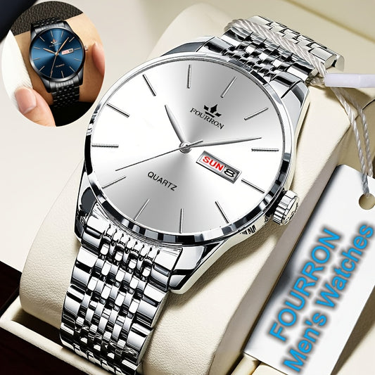 An Ideal Choice For A New FOURRON Brand Men's Luxury Stainless Steel Strap Simple Dial Quartz Watch With Date Calendar, Trendy Fashion Sports Casual Lifestyle Travel Multi-function Watch, Ideal For Friends' Birthdays, Holiday