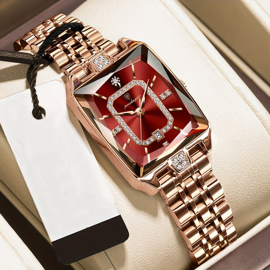 POEDAGAR Elegant Women's Quartz Watch - Rose Golden Stainless Steel, (3ATM), Square Dial with Gemstone Accents, Date Display, Luxury Fashion Accessory for Casual or Formal Occasions