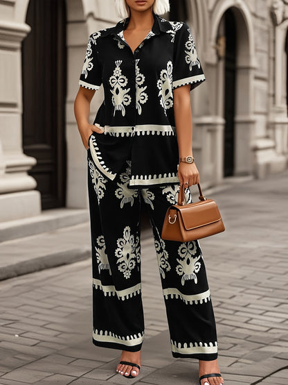 Casual Country Print Pattern Loose Short Sleeve Top and Pants Two-Piece Set Summer Clothes, Elegant Summer Evening Mist