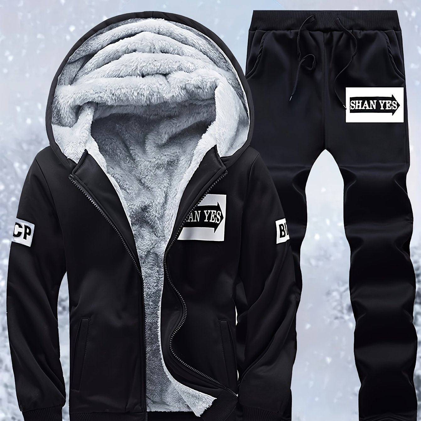 Տղամարդու «SHAN YES» այբուբենի նախշերով, խիտ աստառով, գլխարկով սվիտերի և վազքի համար նախատեսված տաք մարզական հագուստ, աշնանային և ձմեռային։