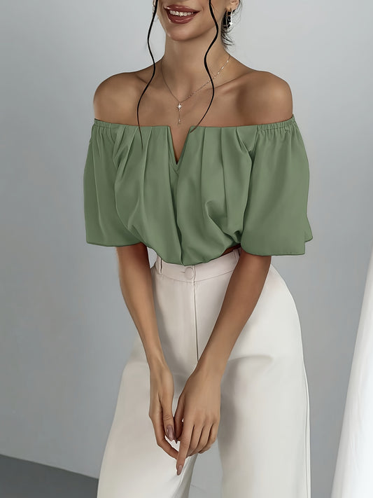 Elegant Off-Shoulder Short Sleeve T-Shirt for Women, 100% Polyester Solid Color Top, Woven Fabric, Spring/Summer/Fall Fashion - ayq