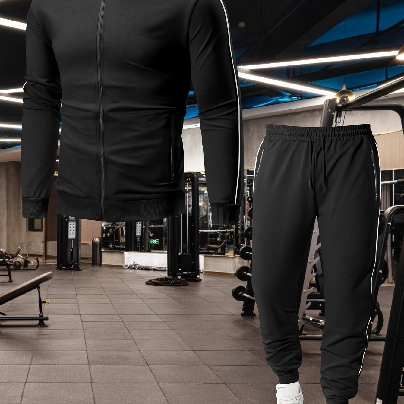 Տղամարդու առօրյա սպորտային հագուստի հավաքածու՝ Գարուն/աշուն՝ կանգնած օձիքով բաճկոն, երկու մասից բաղկացած հավաքածու՝ ժապավենով ձգվող առաձգական գոտկատեղով տաբատով, տղամարդու վերին և ստորին հագուստ վազքի համար, կայծակաճարմանդով գրպանի դիզայն