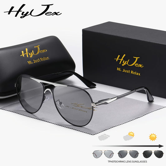 HYJEX Unisex Retro Polarized Glasses, UV400 Color-Changing TAC Lenses, Metal Frame, Anti-Fog Cloth & Case Included, Outdoor Travel Leisure Eyewear