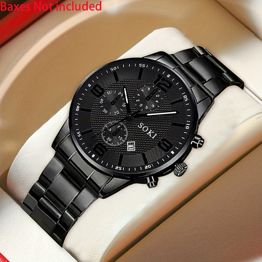 1pc Men'S Fashionable Business Quartz Watch with Black Dial, Stainless Steel Band & Alloy Case - Ideal Gift for Father, Husband, or Friend - Everyday Wearable Timepiece, Formal Accessory | Sleek Black Watch | Alloy Case Watch