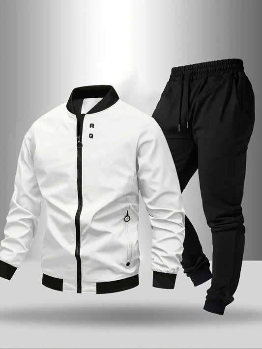 Տղամարդու ամենօրյա երկկտոր սպորտային հավաքածու՝ սև բեյսբոլի օձիքով բաճկոն՝ կայծակաճարմանդով, առաձգական գոտկատեղով տաբատ, սովորական չափսի՝ գարնանային/աշնանային սեզոնի համար, գարնանային վերնազգեստ | Սպորտային ամենօրյա հագուստ | կայծակաճարմանդով բաճկոն