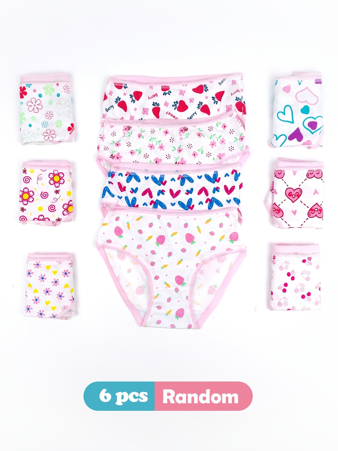 6pcs Girls' Cotton Panties, Love & Floral Pattern Soft Breathable Lace Triangle Underwear