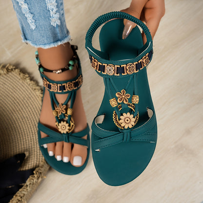 Women's Elegant Rhinestone Butterfly Flat Sandals - Black Open-Toe Slip-On with Golden Floral Buckles, Secure Elastic Strap for Summer Comfort, Ladies Sandals