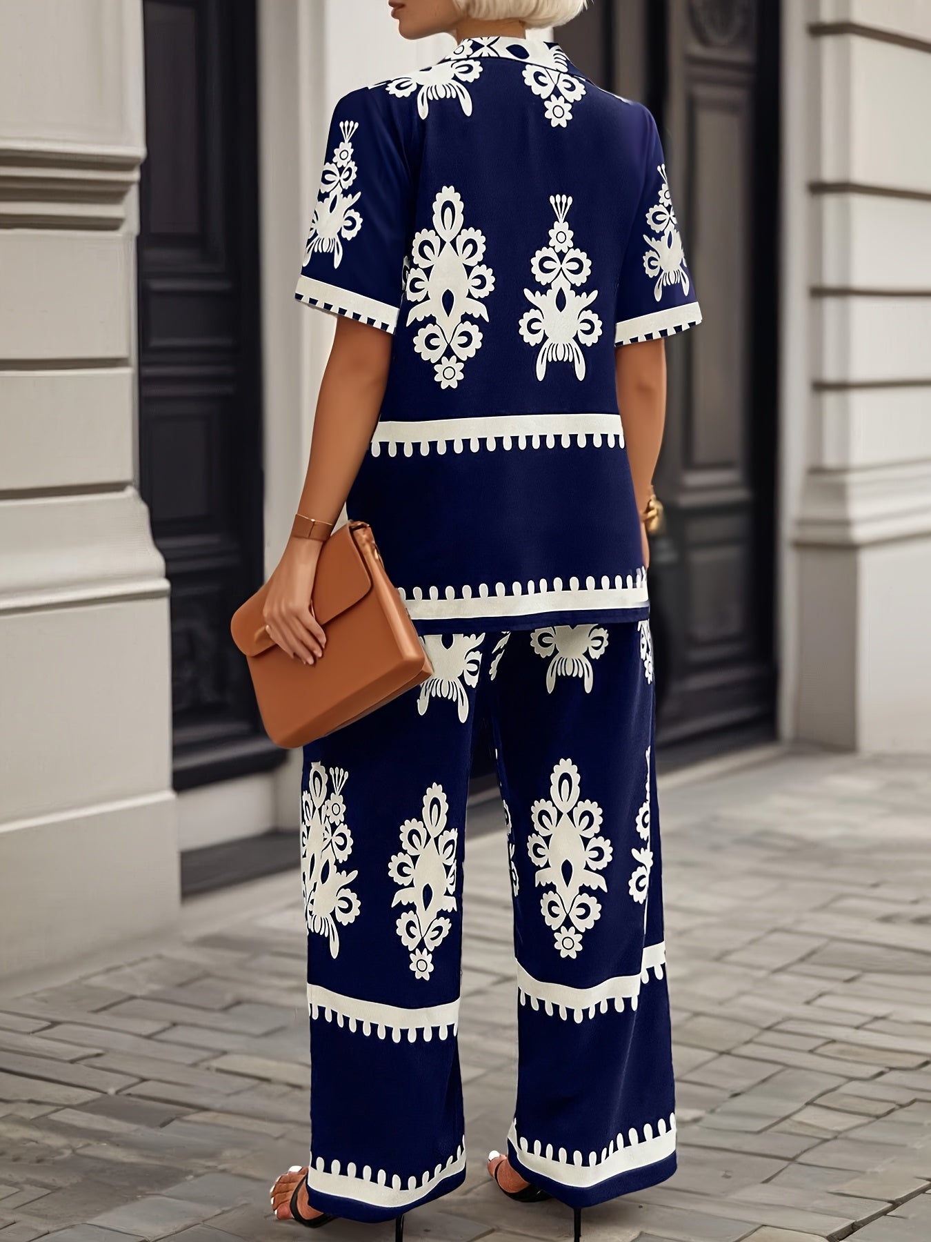 Casual Country Print Pattern Loose Short Sleeve Top and Pants Two-Piece Set Summer Clothes, Elegant Summer Evening Mist