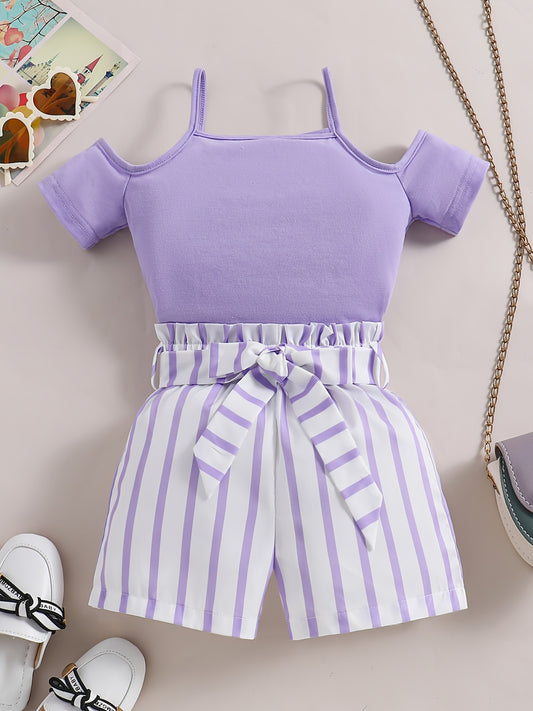 Cami Top & Striped Shorts With Belt Girl's Two-piece Set, Summer Daily Casual Clothes Outdoor - Ayq