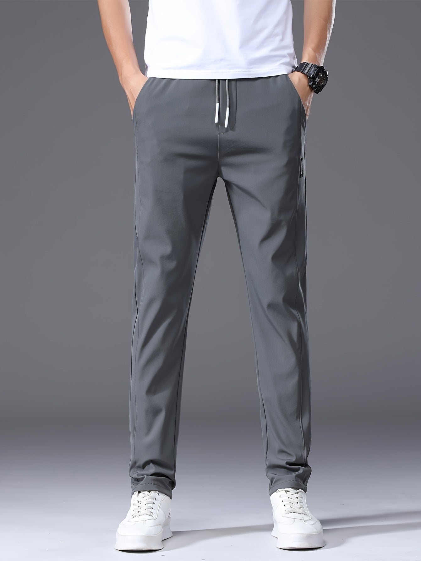 Men's Slim Fit Casual Drawstring Sports Pants, Summer Lightweight Trendy Elastic Quick-Dry Long Trousers, Stylish Comfortable Leisure Wear